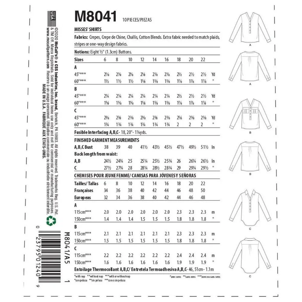 McCalls Sewing Pattern M8041 R10442 Top Shirt‎ Misses Size 14-22